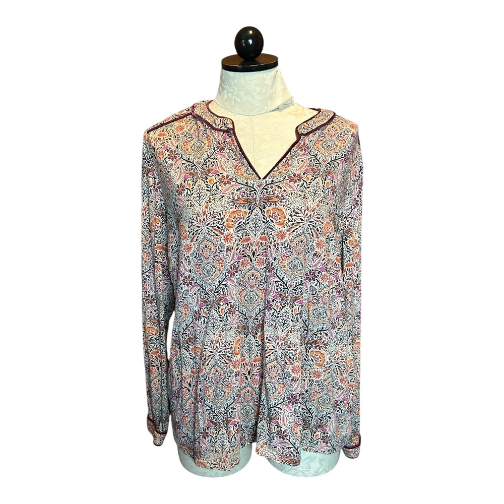 J. Jill Womens Paisley Floral Split Neck Long Sleeve Blouse Velvet Trim Sz‎ L